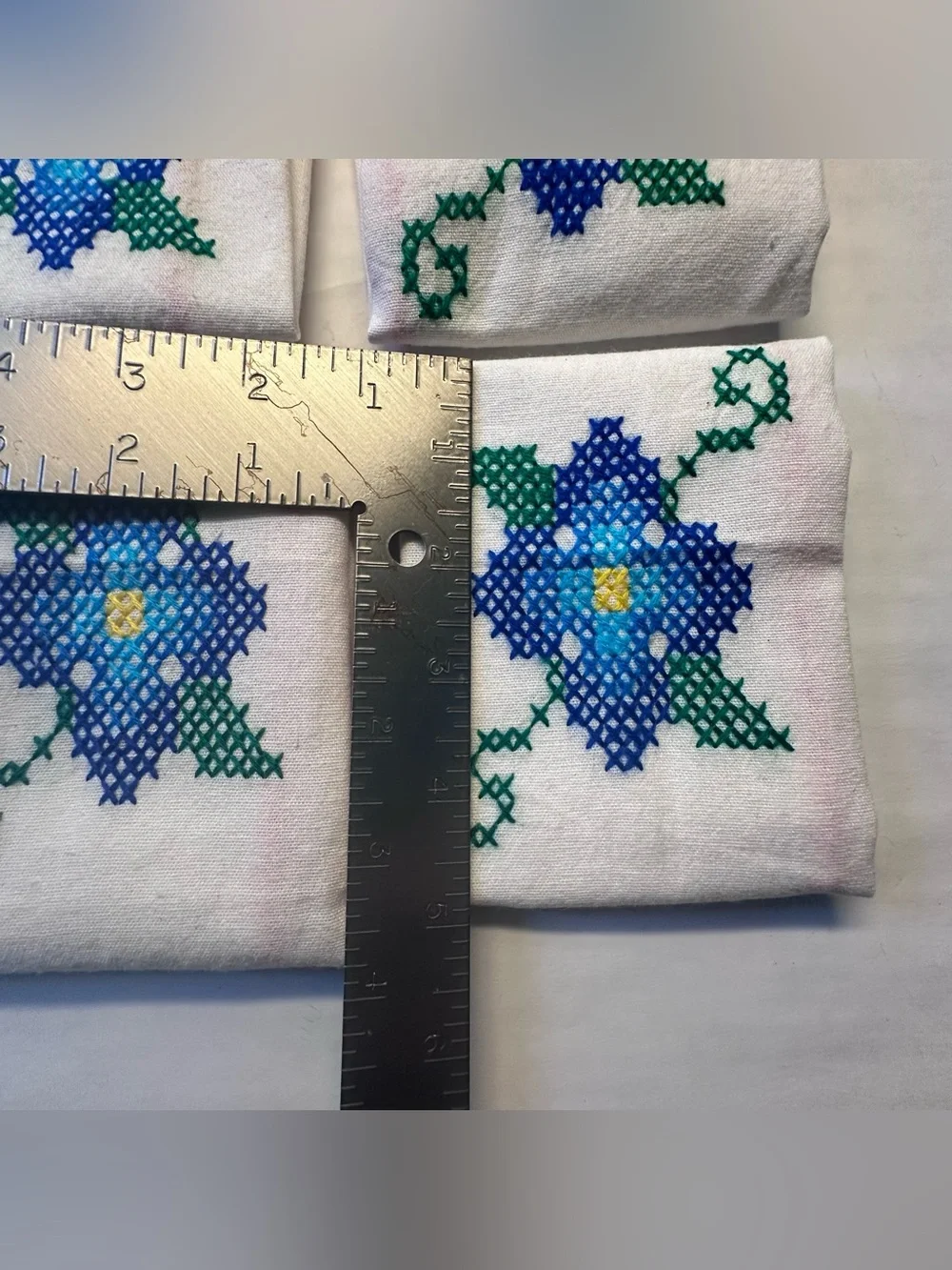 Vintage 4 Hand Embroidered Napkins Blue Flower Cross-Stitch 11